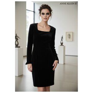 Anne Klein II Petite Black Velvet Long-Sleeve Dress Square Neck Back Zipper Made